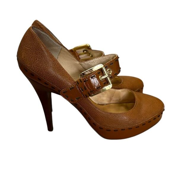 Michael Kors Handcock Mary Jane Platform High Heel Leather Cognac Brown Size 7.5 - Picture 3 of 12